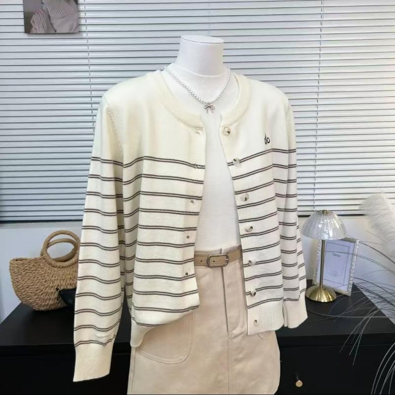 Autumn Round-neck Long-sleeved Striped Letter-embroidered Thin Knitted Cardigan for Women