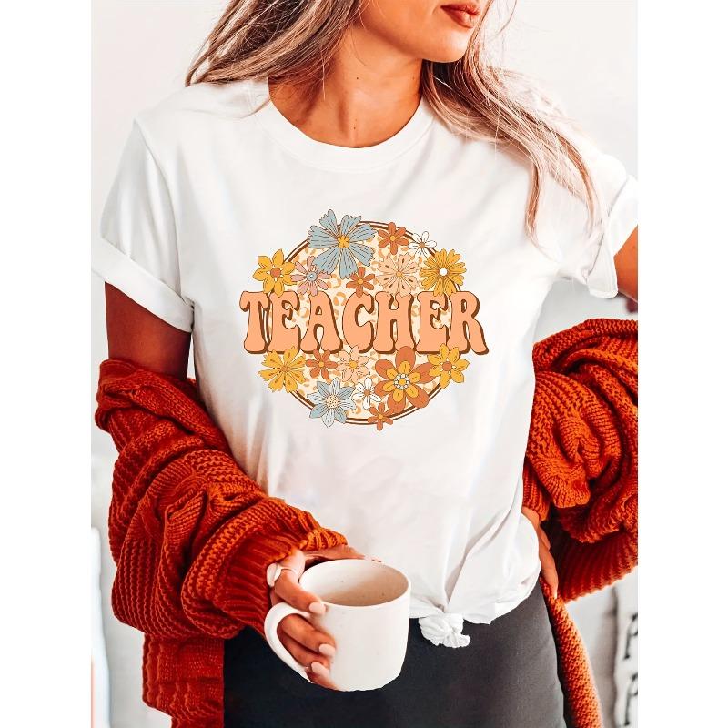 Teacher Print Crew Neck T-shirt, Short Sleeve Casual Top For Summer & Spring, Women's Clothing