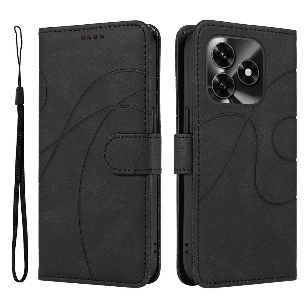 For Honor X5c Plus 4G Wallet Case Leather Phone Cover Stand with Curved Line Design -  Black