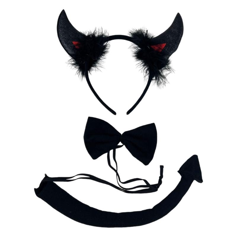 Halloween Cow Costume Animal Dress up Set Includes Cow Horn Headband, Tail, Bowtie for Kid Girl Halloween Cosplay Party