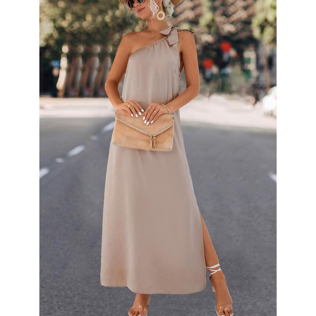 QICED Frühling Sommer Einfarbiges Drucken Ärmelloses Kleid mit Einer Schulter und schrägen Trägern