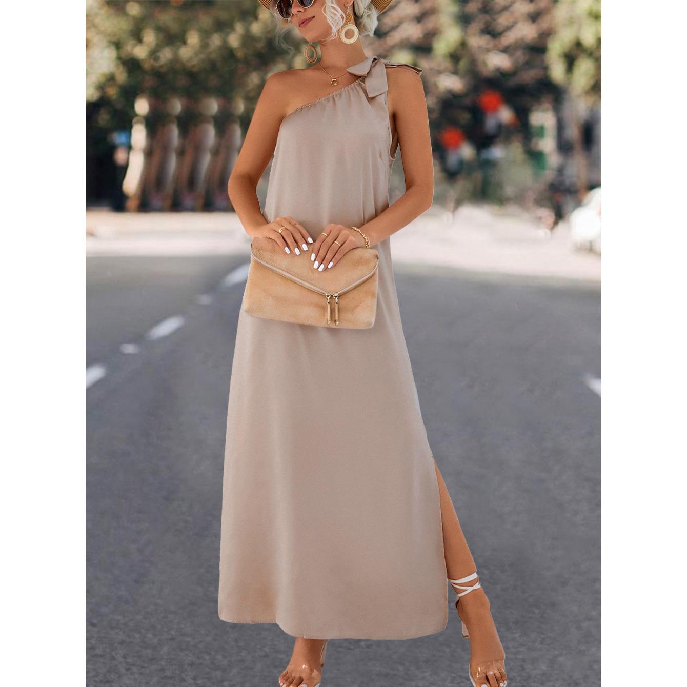 

QICED Весна Літо Однотонна Принтована Сукня Без Рукавів на Одне Плече Вільного Крою з Косою Бретеллю L абрикосовий