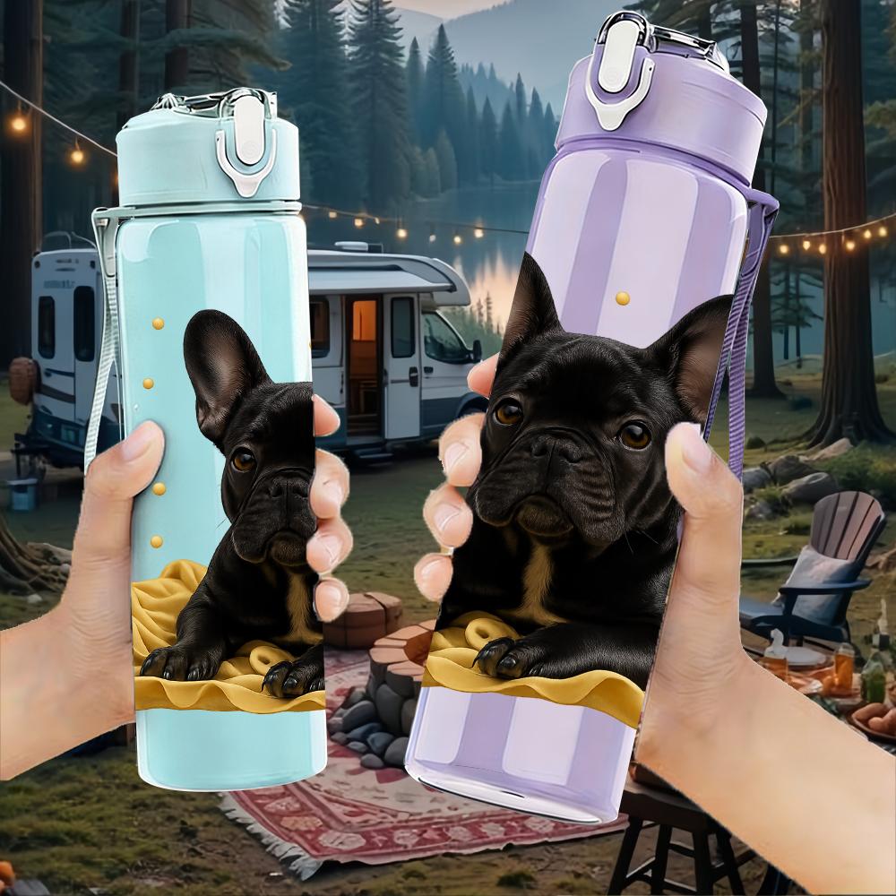 1PC Black French Bulldog Bust 750ml Color Plastic Sports Water Bottle Leakproof Flip Straw Lid For Sports Office Home Use