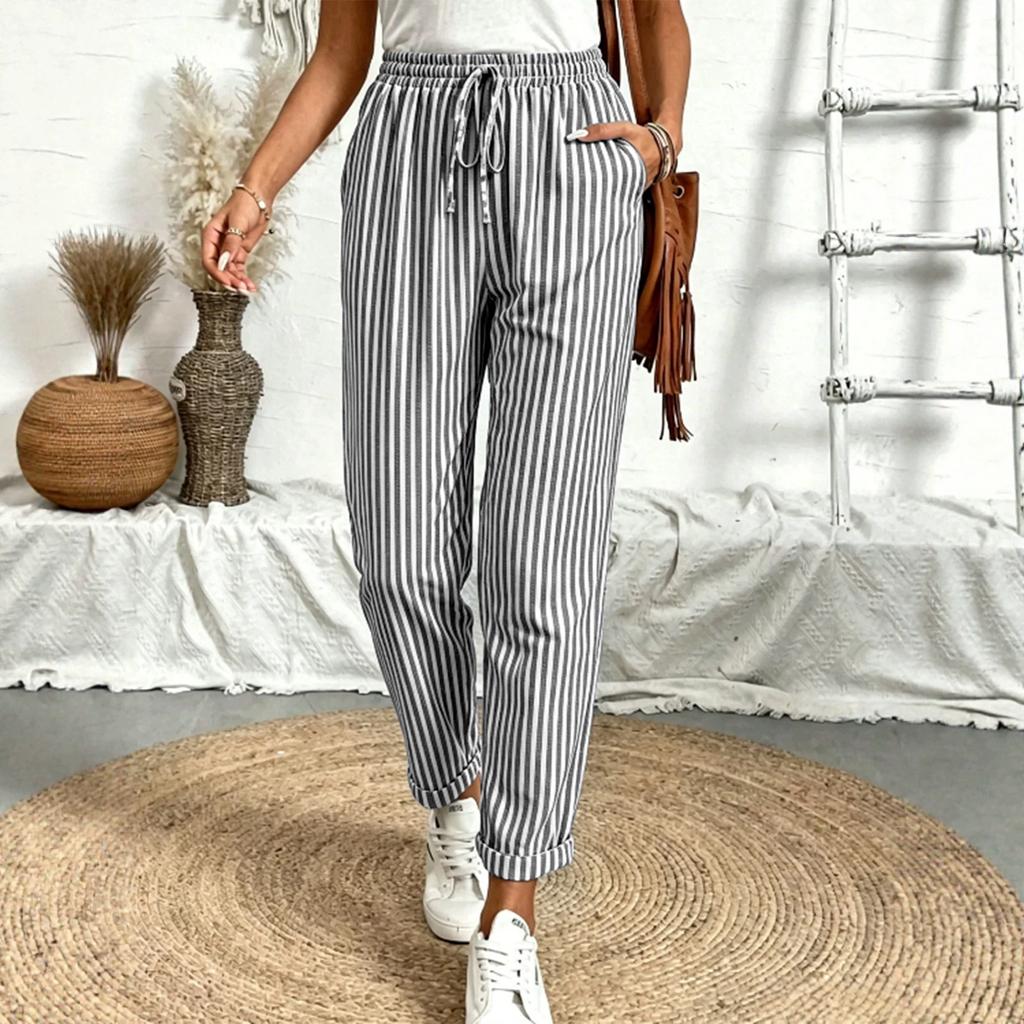 Women's Striped Drawstring Elastic Waist Casual Pants with Pockets Loose Fit
