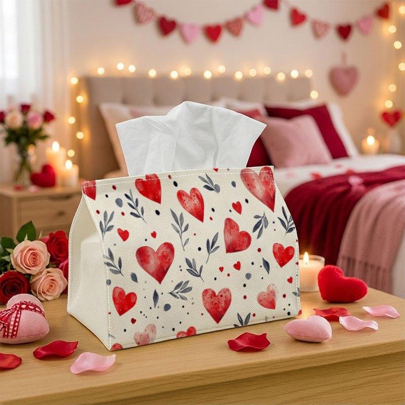 1pc 1pcs Valentine's Heart Print Tissue Box- Decorative Storage Compatible for Home, Office, Car| Durable Polyester Fabric with Sturdy Cover, Valentin