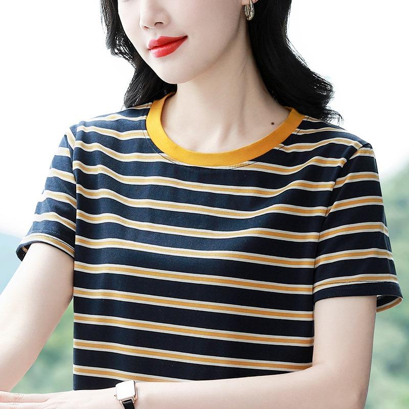 Striped Short-sleeved T-shirt Women's Round Neck Half-sleeved Shirt Summer Plus Size Loose Top