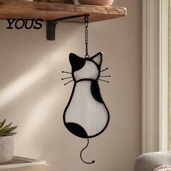 Cat Back Shape Decoration Acrylic Pendant, with Metal Hanging Chain, Stained Glass Effect Silhouette Window Pendant Decoration, for