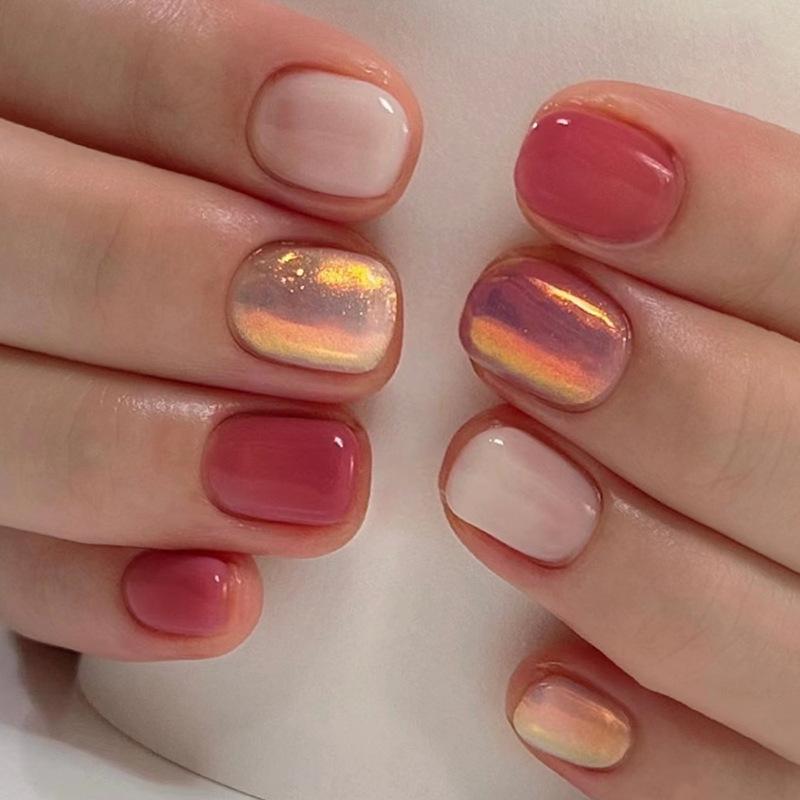 24Pcs Short French Press On Nails Pink Glitter Pearlized Fake Nail Tips Cute Natural Sweet