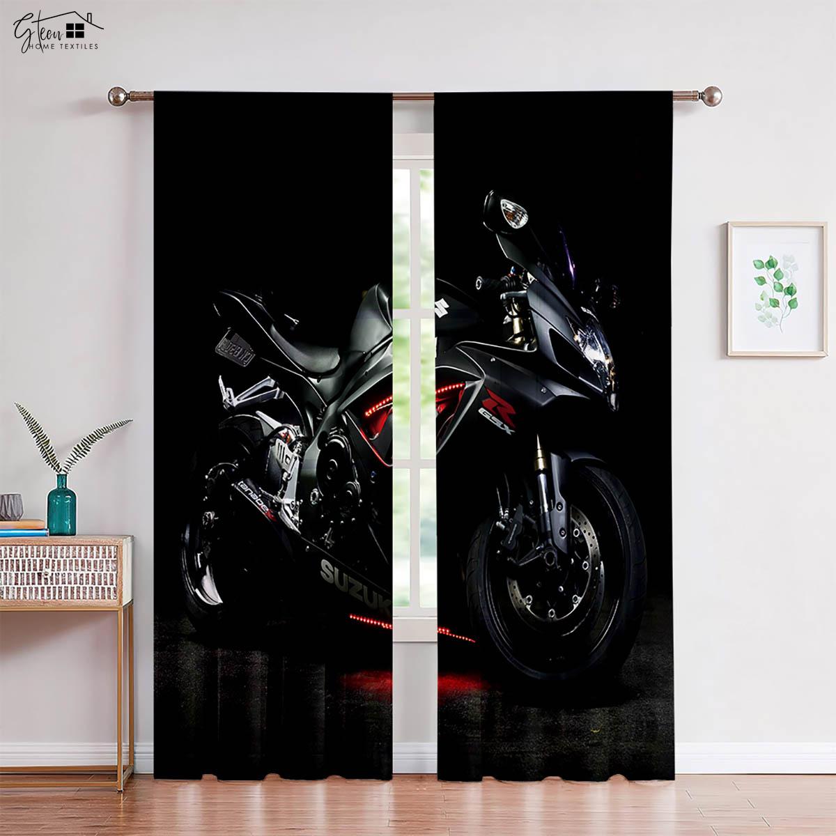 Retro Cool Motorrad Vorhänge Amerikanischer Trend Industrieller Stil Offroad Rock Motorrad Sand Wohnzimmer Autodekoration Vorhänge W50xH130(CM)x2PCS&Grommet Top