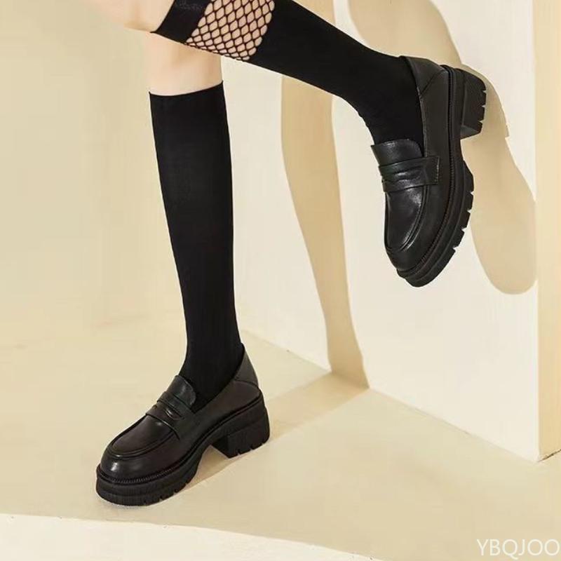 Women'S Casual Leather Shoes Fashion Thick Soled Pumps Solid Color Breathable Loafers Fashion Comfort Ladies High Heels