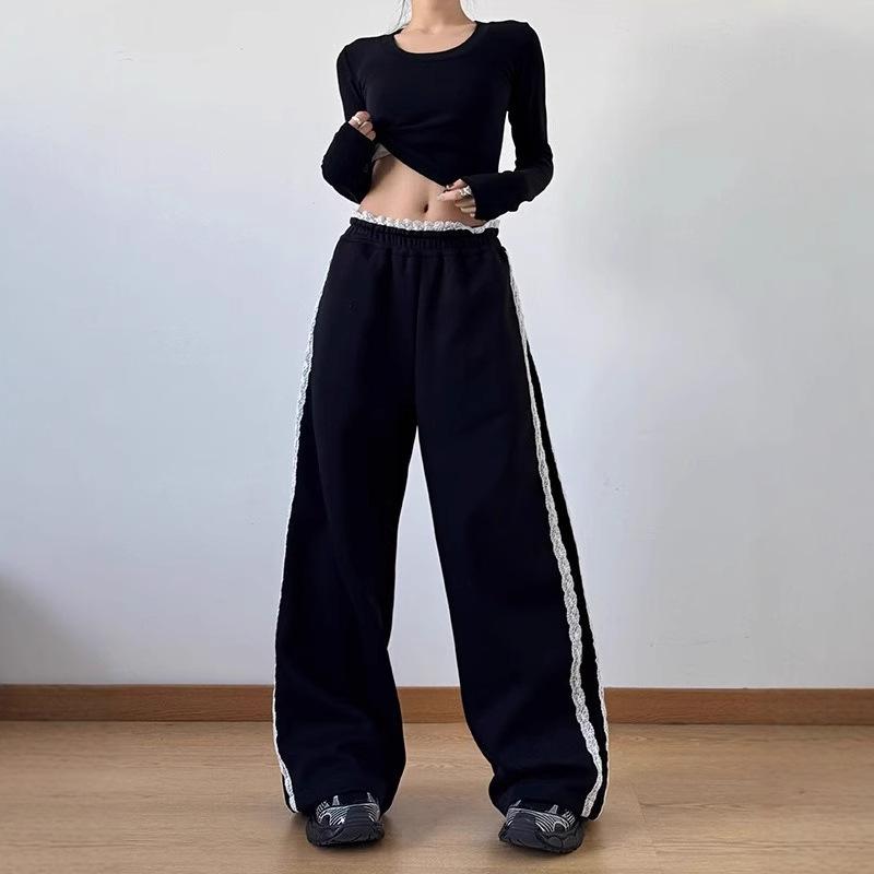2025 Women's High Waist Lace Trim Wide Leg Casual Pants - Early Autumn