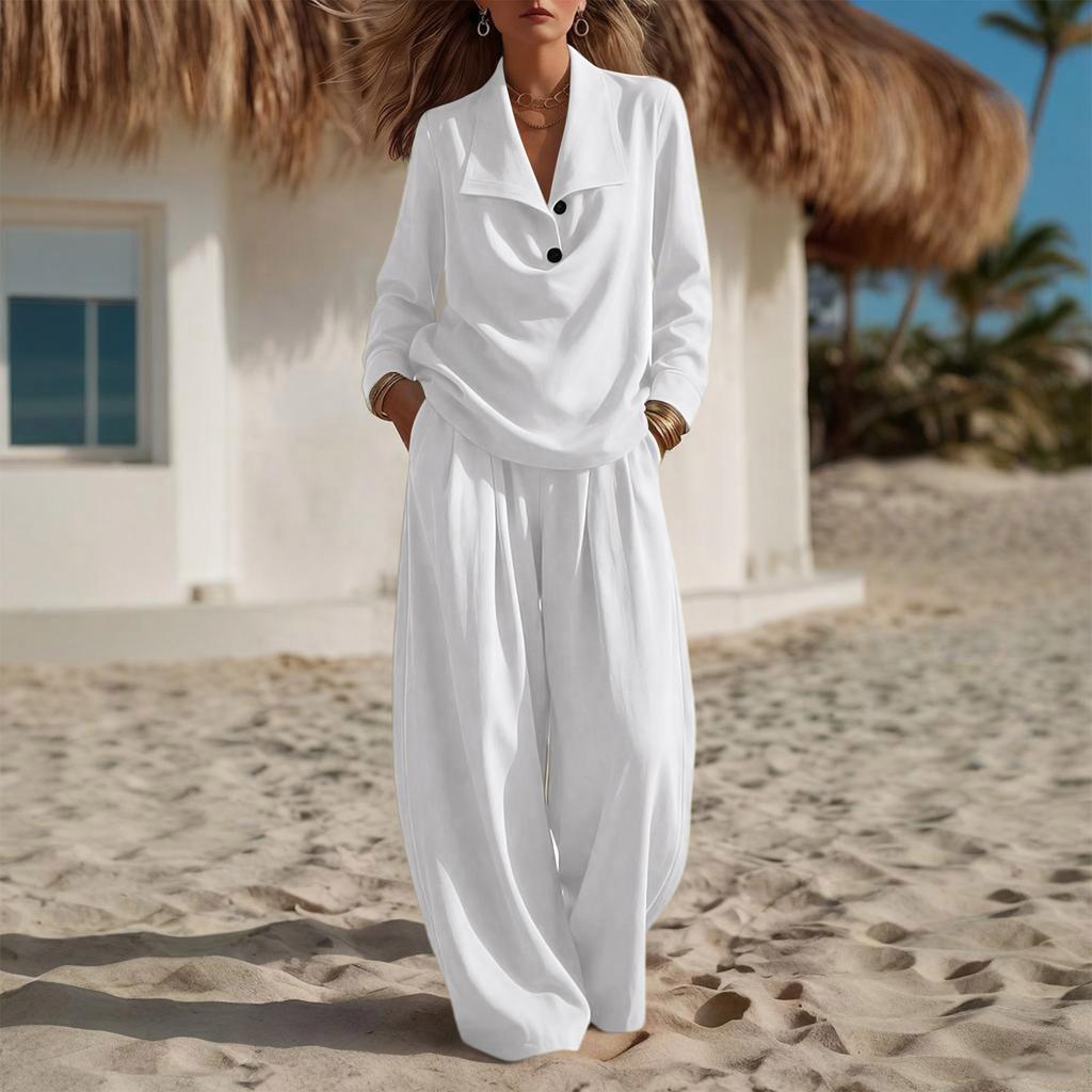 Conjunto de Dos Piezas para Mujer con Top de Manga Larga con Cuello y Pantalones de Pierna Ancha para Uso Casual Diario