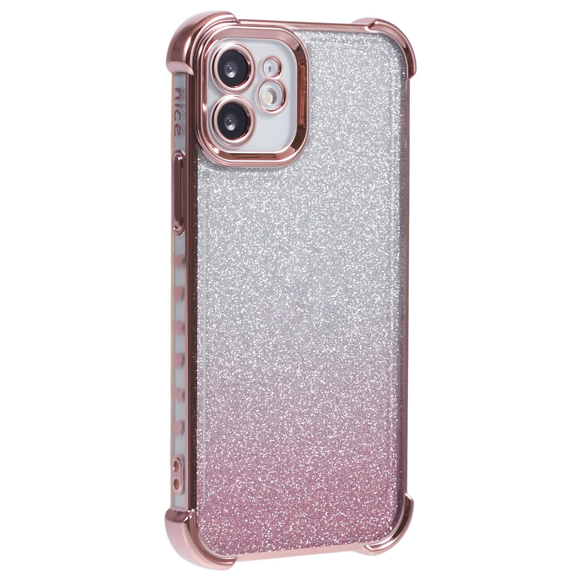 

For iPhone 12 Case Electroplating Glitter Soft TPU Phone Cover Side Heart Pattern Pink