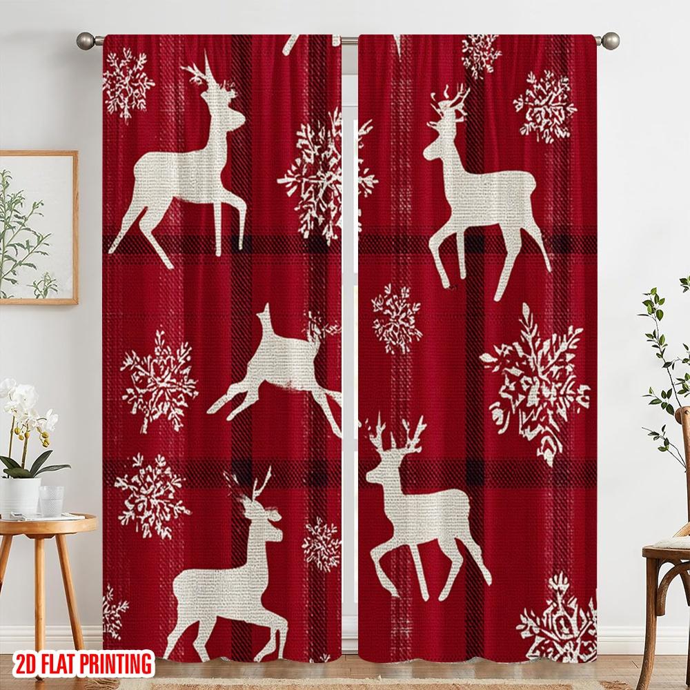 2pcs,2D Plane Printing Print Curtains Christmas Elk Bell Versatile 100% Polyester (without Rod) Gifts for Bedroom, Office,