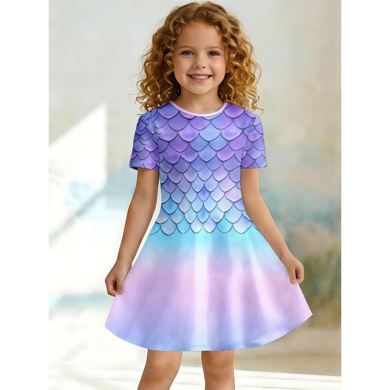 Girl Mermaid Gradient Printed T-shirt Dress Purple Blue Casual Dress Suitable for Children's Role-playing Parties Birthday Gifts