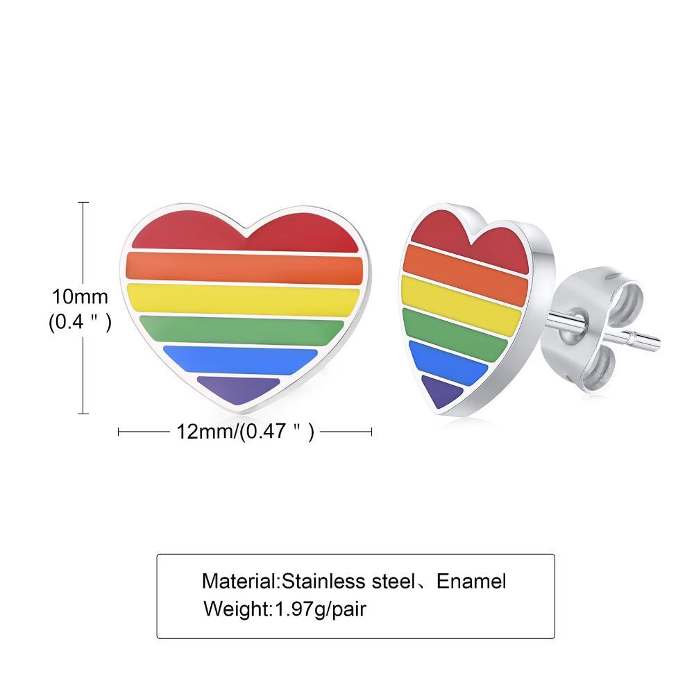 Rainbow Pride Lesbian Gay LGBT Stainless Steel Epoxy Heart Stud Earrings