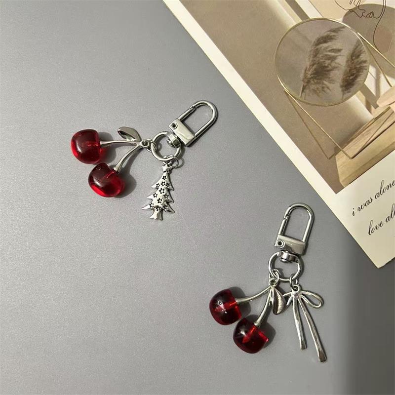 1/2 Pcs Cute Cherry Keychain Pendants Girl Heart Bag Backpack Hanging Christmas Tree Bow Charm Phone Chain Keyring Birthday Gift