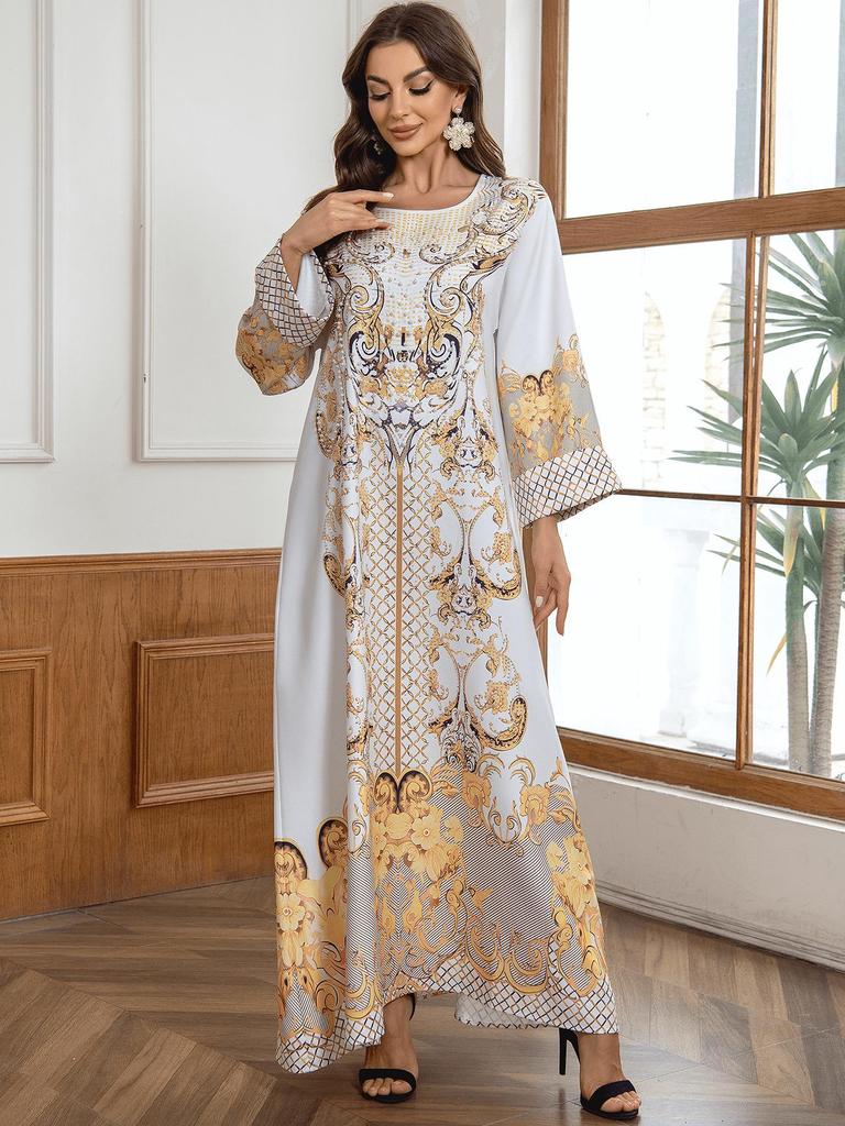ZD025 Stylish Muslim Women's Beaded Print Robe Dress