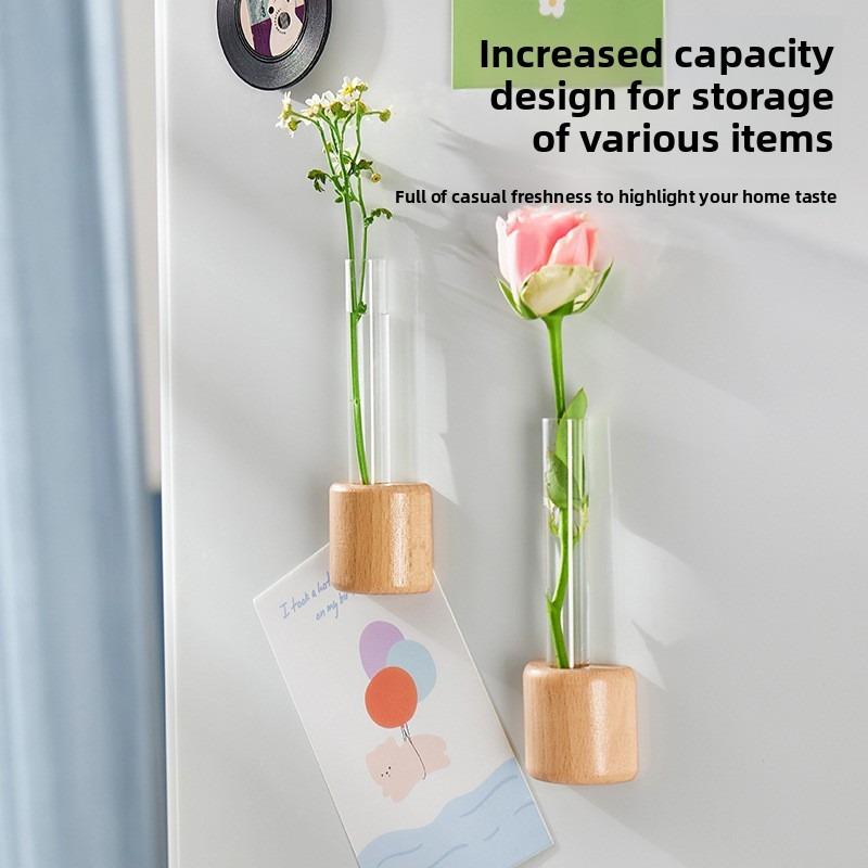 Creative Magnetic Wall-Mounted Test Tube Vase Hydroponic Flower Arranger Natural Wood Color Simple Modern Home Living Room Wall