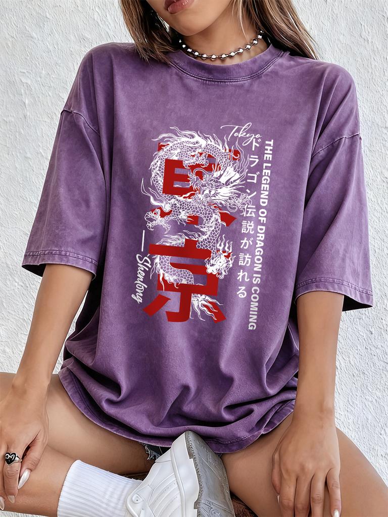 Tokyo Legend Of Dragon Cotton Washed TShirts Womens Summer Casual Oversized T Shirts Comfortable Distressed ONeck Streetwear