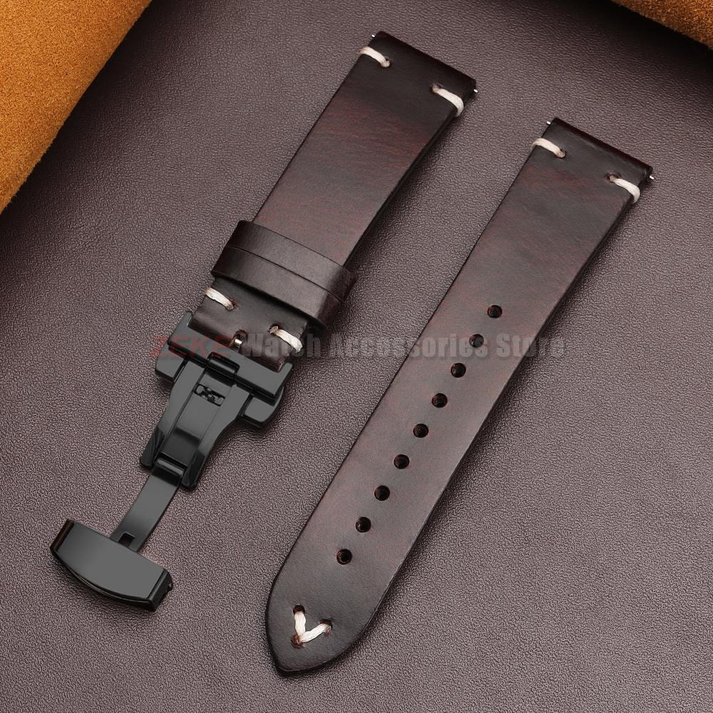 Vintage Oil Wax Leather Watch Band 18mm20mm 22mm Bracelet for Seiko Butterfly Buckle Stitching Cowhide Strap for Omega Watchband