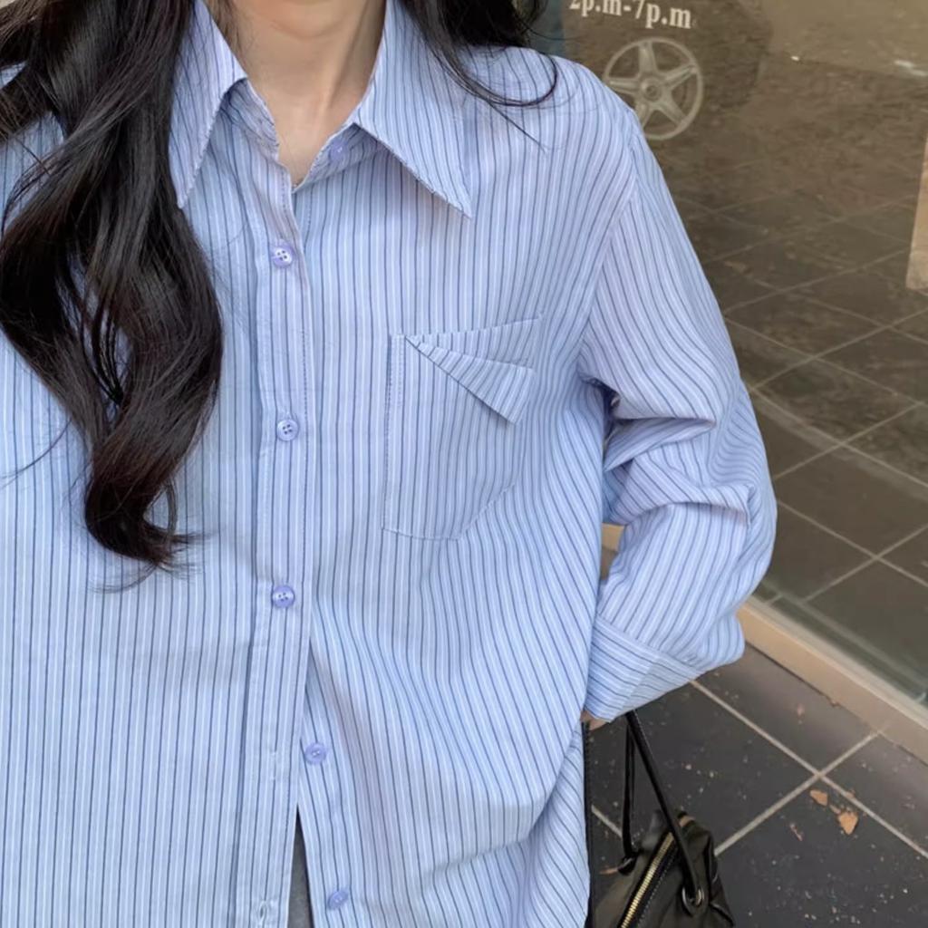 Korean blue striped thin shirt women's spring and autumn new retro loose design niche long-sleeved shirt top