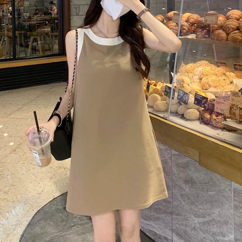 American Retro Patchwork Mini Dress Summer Contrasting Colors Stylish Sleeveless Women's Clothing O-Neck Casual A-Line Dresses