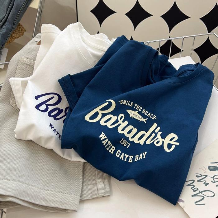 

Женская футболка с коротким рукавом из хлопка свободного кроя в корейском стиле, пуловер с круглым вырезом, 2025 S темно-синий