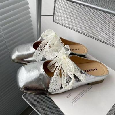 Lace Bow Half Slippers Women's Spring and Summer New Outer Wear Silver Thick Heel Soft Leather Shoes Bag Head Slippers