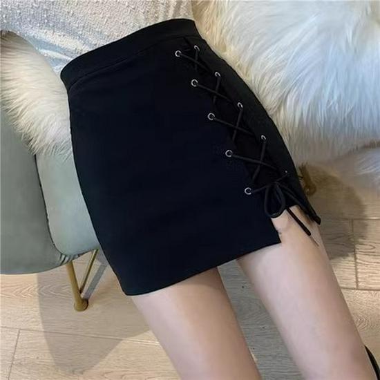 

2024 Spring/Summer Women s Black Cross-Tie High Waist Irregular Midi Skirt - Slimming A-Line Bodycon. XS [70-80 jin]