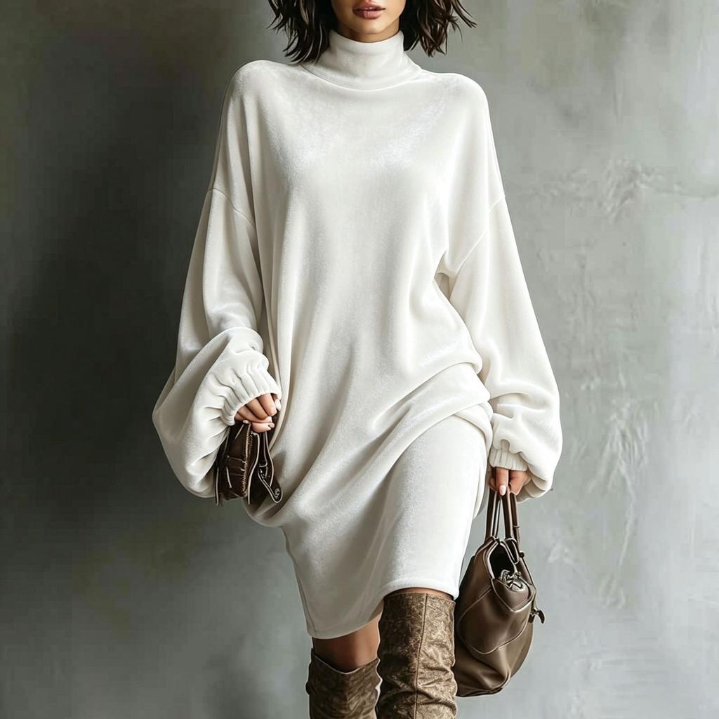 European and American Velvet Turtleneck Loose Dress Women's Long-sleeved Retro Casual Fashion Temperament Commuter Medium and Long Dress