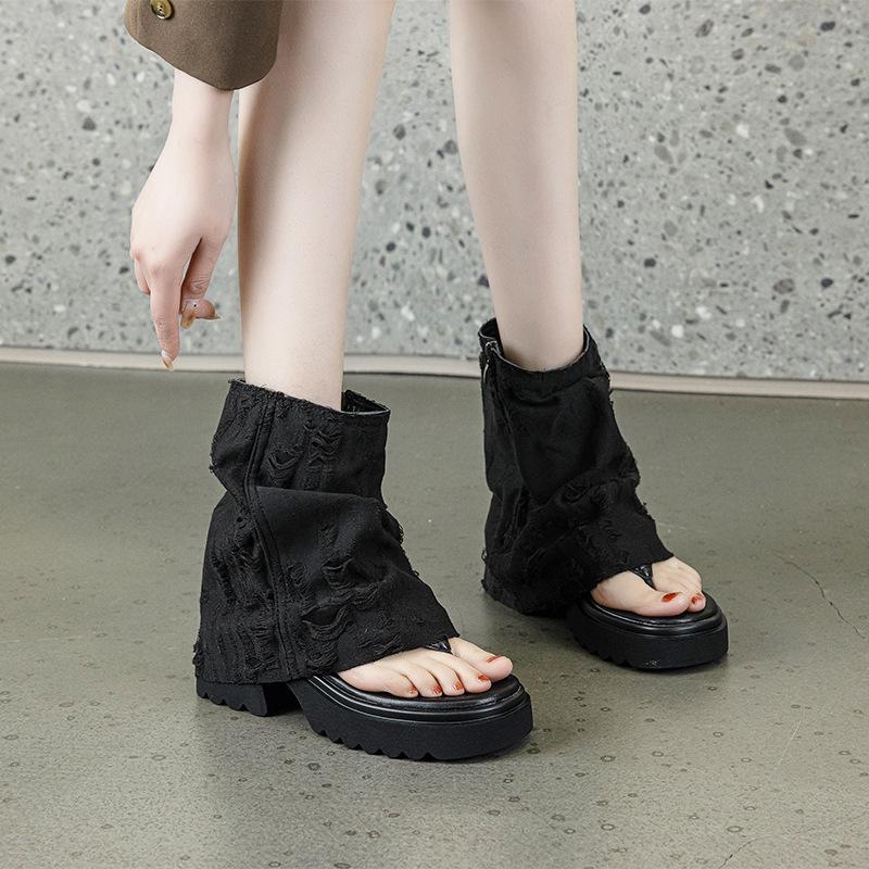 Martin Boots Women's Summer New Denim Clip Toe Pile Socks Boots European and American Style Niche Design Cool Boots Women