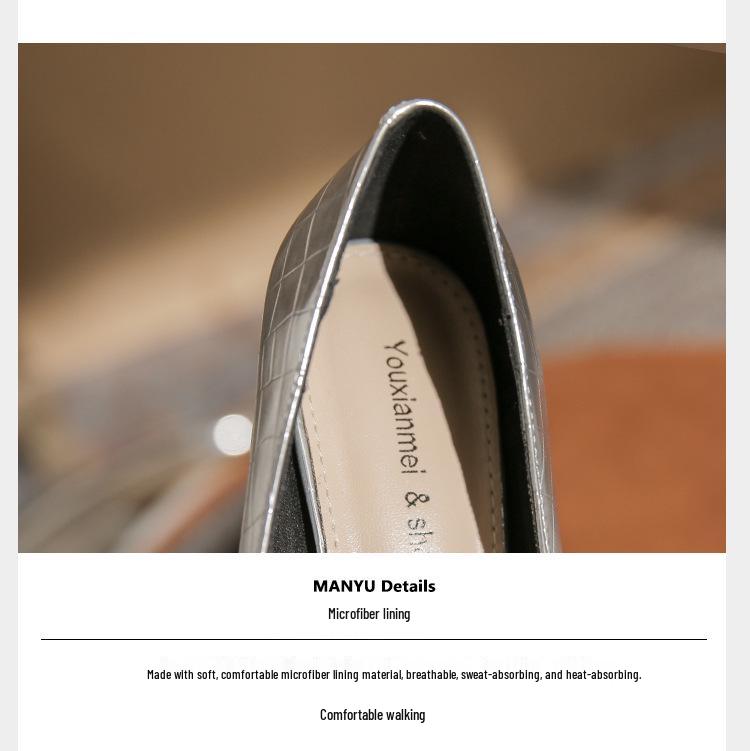 Korean Style Silver Patent Leather Pointed Toe High Heels - Elegant Thin Heel Flats for Women