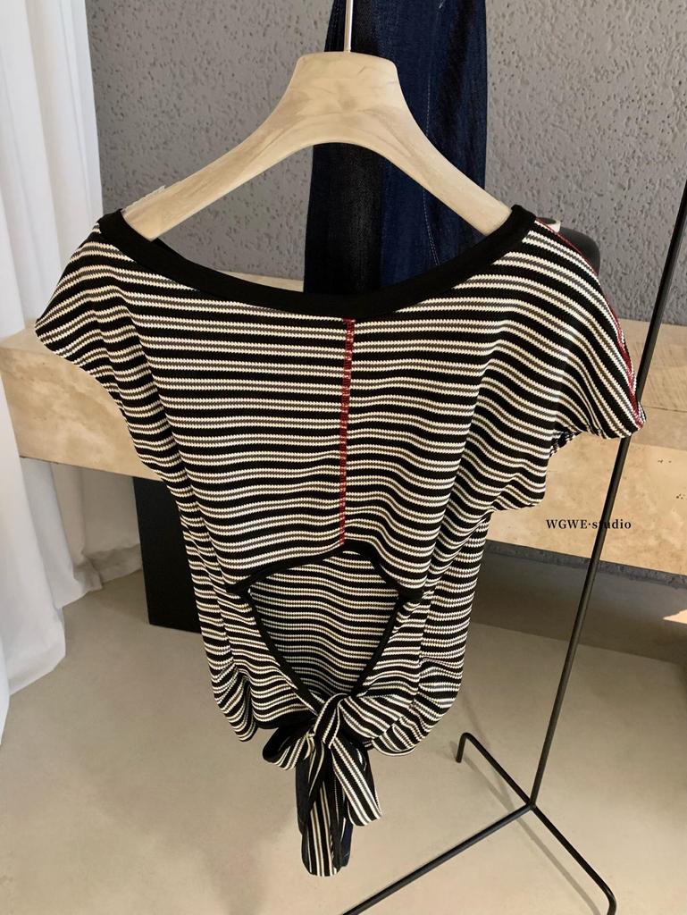 Women's Black & White Striped One-Shoulder Short-Sleeve Top - Spring/Summer Trendy