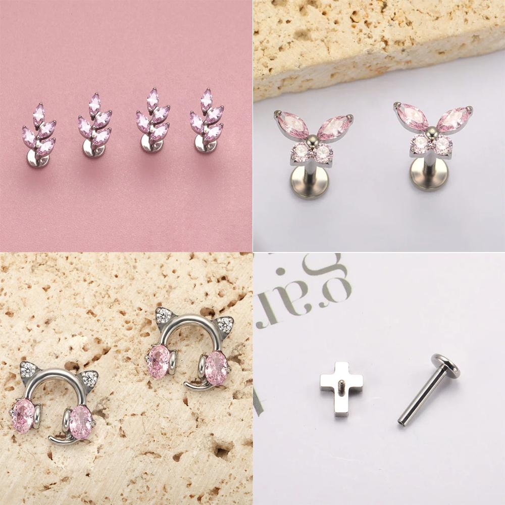 High-Quality F136 Titanium Alloy Pink Zirconia Stud Earring Set Fashionable Cartilage and Lip Piercing Jewelry for Men and Women