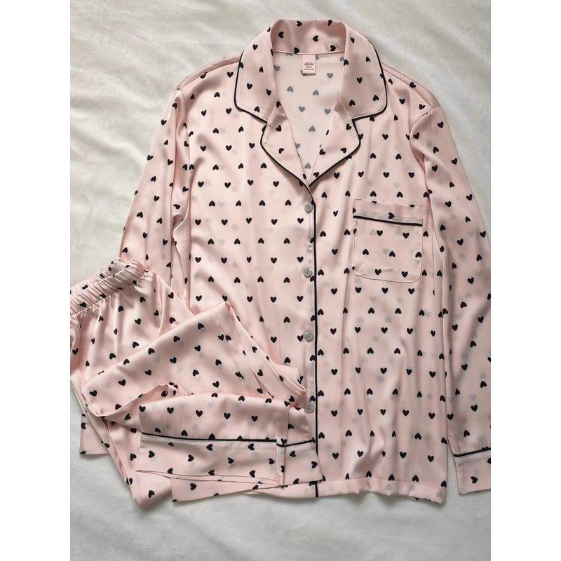 Vido Artificial Silk Silks and Satins Pajamas Women's Pink Small Heart Long Sleeves Pants Comfortable Homewear Spring/Autumn/Summer Secret