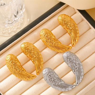 French Style Feather Wing Texture Stud Earrings Exaggerated Retro Design Titanium Steel Plated 18k Real Gold Ear Jewelry