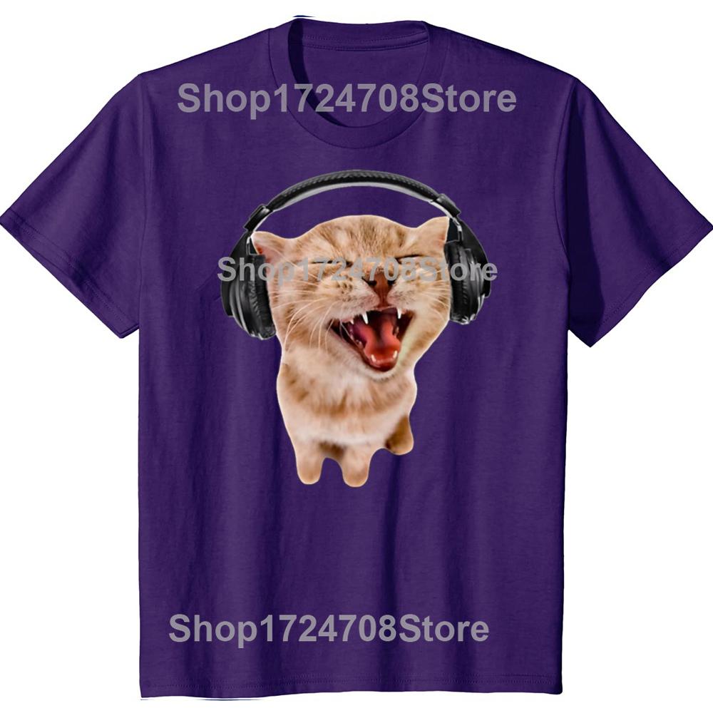 Funny Silly Cat With Headphones Graphic T-shirts Men Women's Fashion Casual Tshirt 100% Cotton Loose Oversized T Shirt