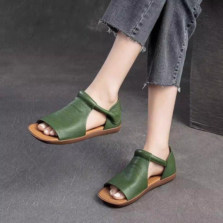 Fish mouth Roman sandals women's 2025 summer new retro style mother shoes comfortable soft bottom flat toe sandals