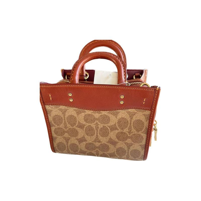 Coach Handbag Rogue 17 Carriage Logo Classic Presbyopic Commuter Fashion Canvas with Leather Tote Bag Tote Bag Shopping Bag Small Size Women's Brown