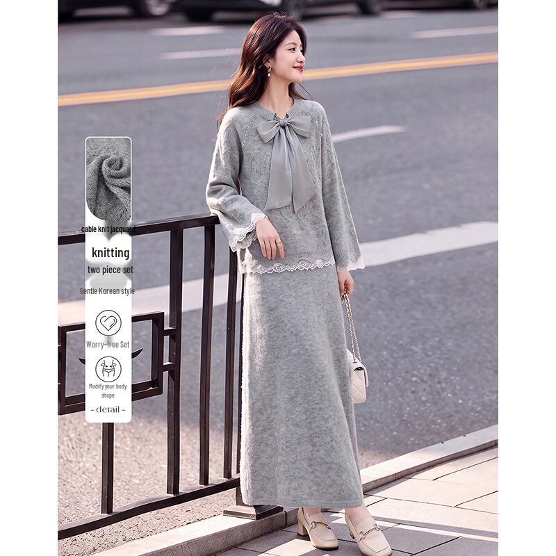 Elegant Bow-Tie Long Sleeve Top and Mid-Length Skirt Set