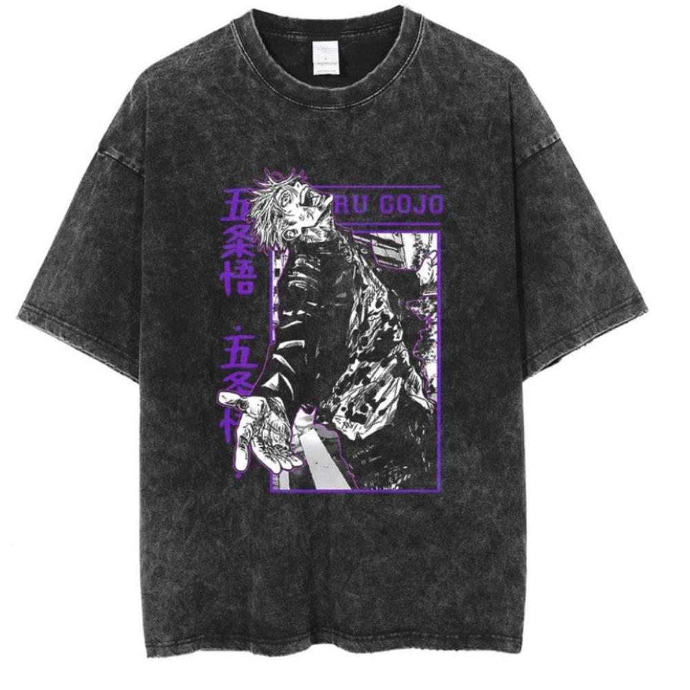 Jujutsu Battle Men's and Women's Summer Washed Outdated Fashion Retro Street Style Anime Printed Cotton T-shirt