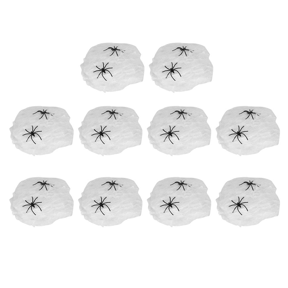 10Bags Spiders Webs Cobweb Halloween Decorations Bar Haunted House KTV Scene Props(White 2 Fake Spiders )