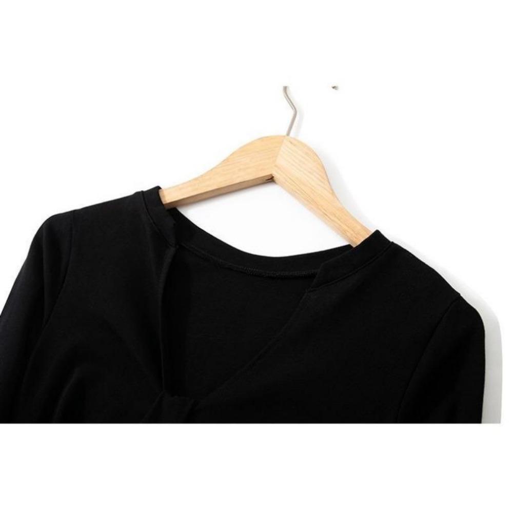 VAYLA Slimming Long Sleeve Black Knit T-Shirt for Women - One-Piece Wrap Around Style with Low Cut - Ins Top Slimming Shape-Wear