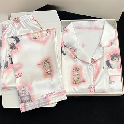 Seksowna Bielizna Nocna Kobiety Kardigan Uroczy Nadruk Kota Studentka Homewear Piżama Dwuczęściowa Damska Długi Rękaw Długie Spodnie Dziewczęca Odzież do Spania