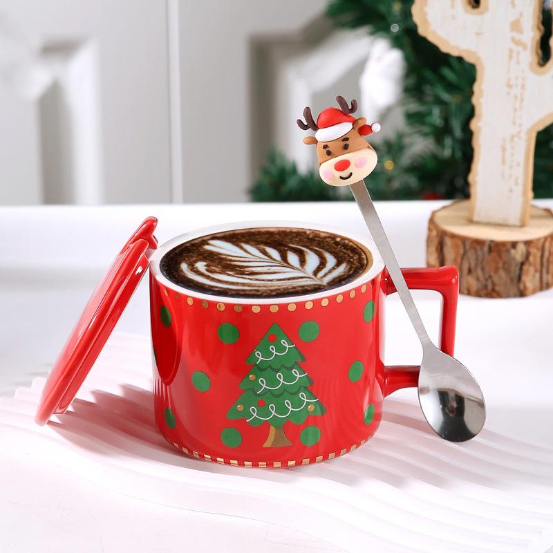 Cute Elk Christmas Ceramic Mug Set with Lid & Spoon - Perfect Holiday Gift