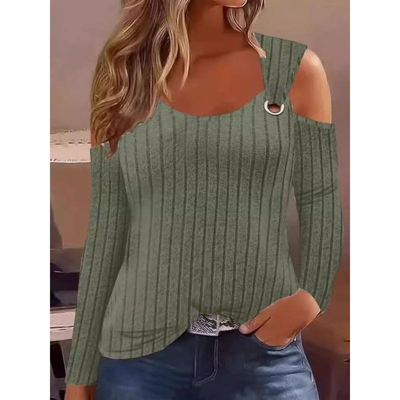 Winter European and American Amazon Temu Independent Station Cross-Border New Arrival Casual V-neck Metal Buckle Sunken Stripe Long Sleeves T-shirt