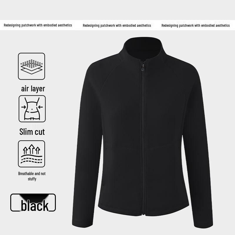 

Figure-Flattering Women s Autumn Yoga Cardigan - Stand-Up Collar, Patchwork Design, Fleece-Lined M чёрный