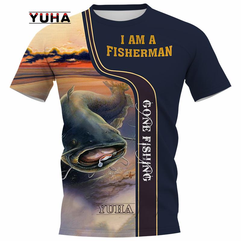 Men's Summer Carp Fishing Full Print T-shirt 3D Catfish Print T-shirts Short Sleeved Casual Top