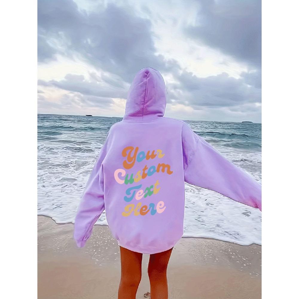 Down Sleeve Women'S Fleece Sweater Plain Letter Print Kangaroo Pocket Drawstring Print Hoodie